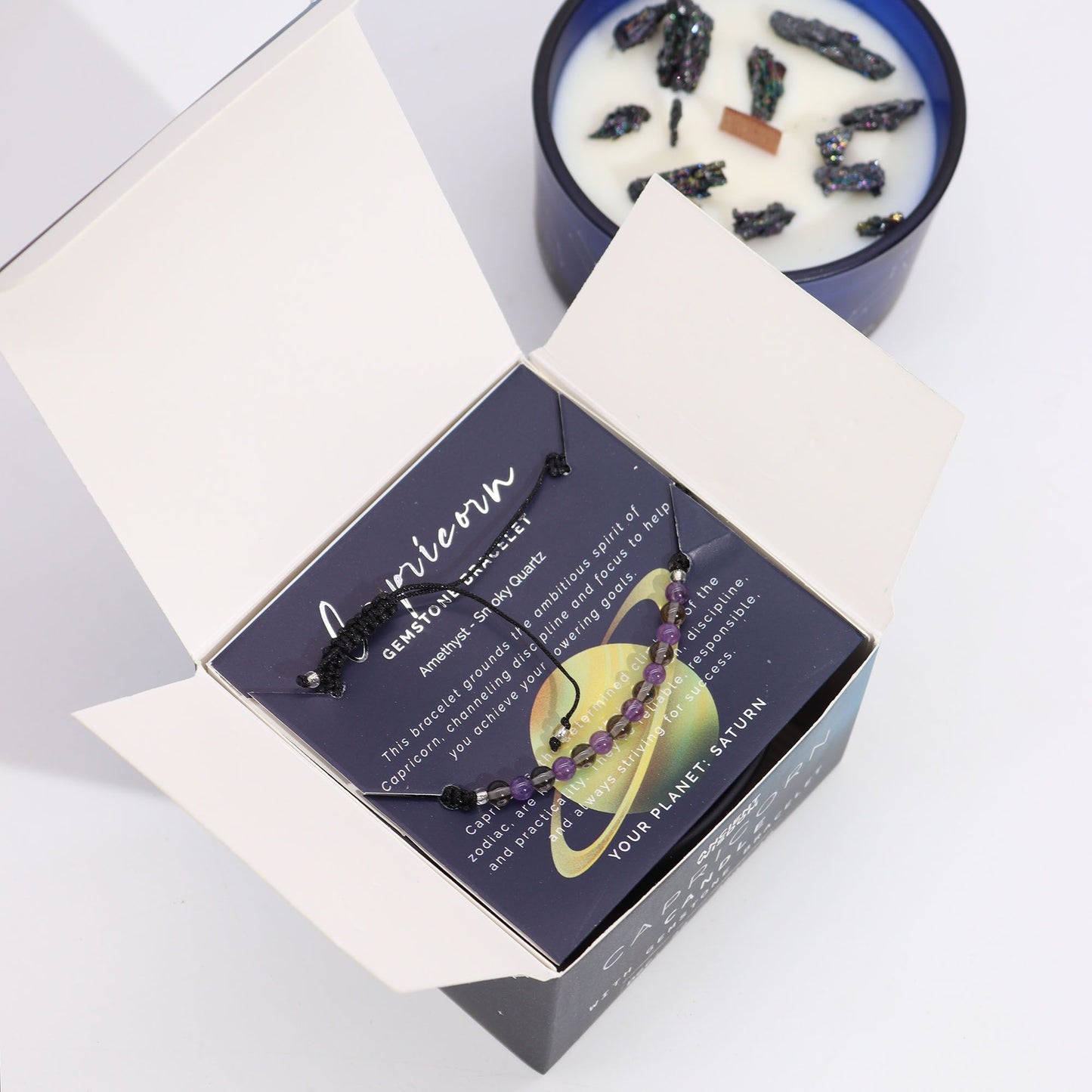 Candela di cristallo zodiacale con braccialetto di pietre preziose e lettura delle carte - Capricorno