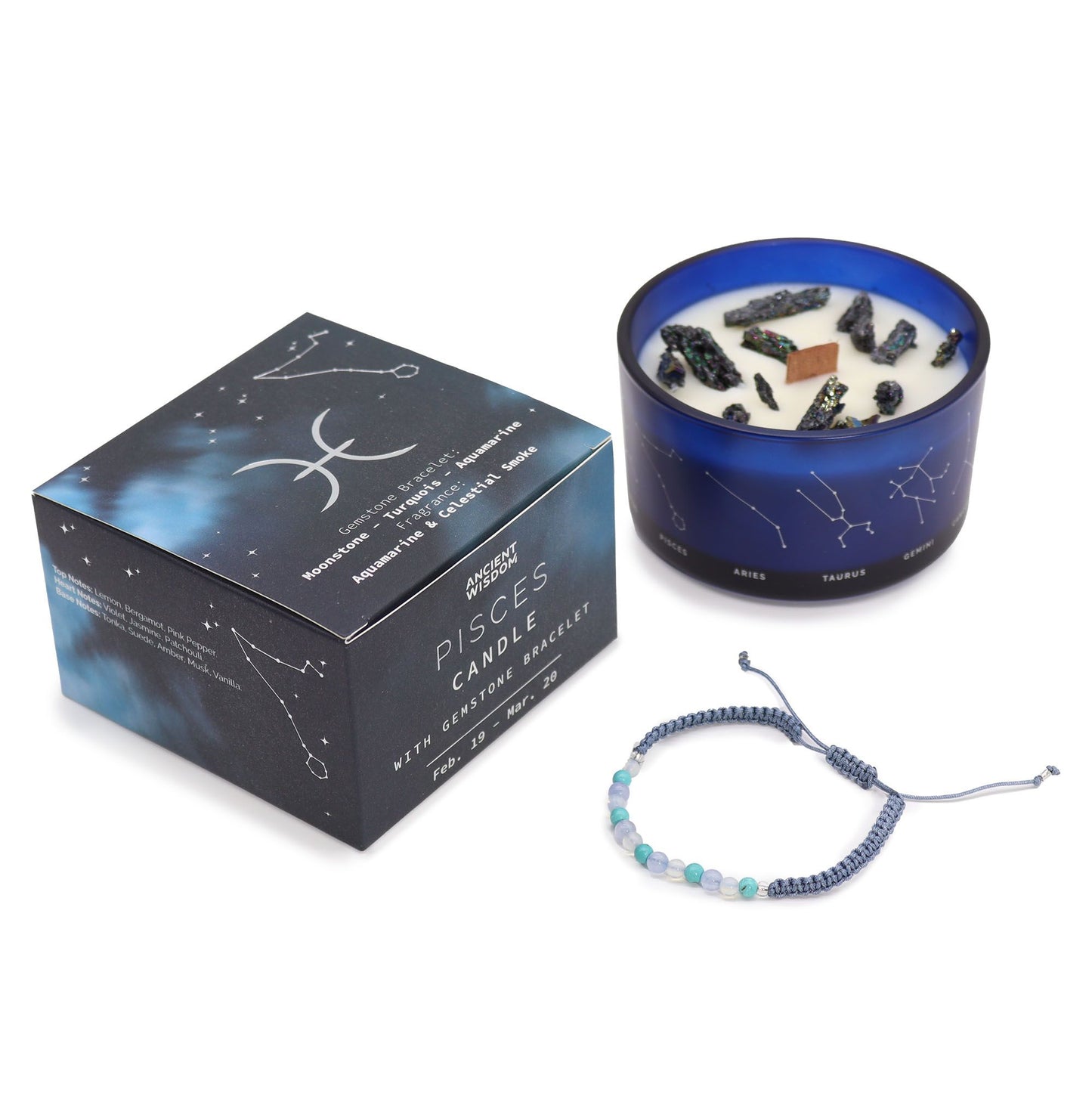 Candela di cristallo zodiacale con braccialetto di pietre preziose e lettura delle carte - Pesci