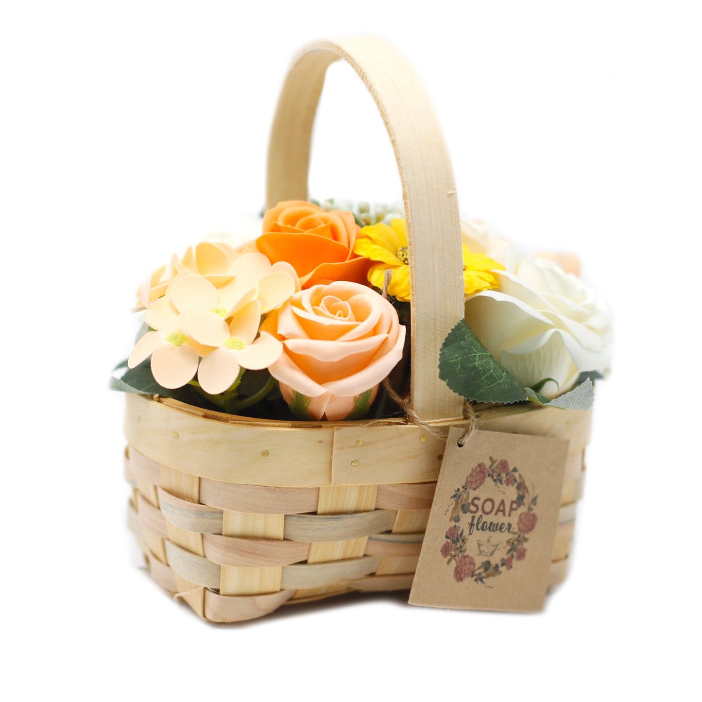 Bouquet arancione medio in cesto di vimini