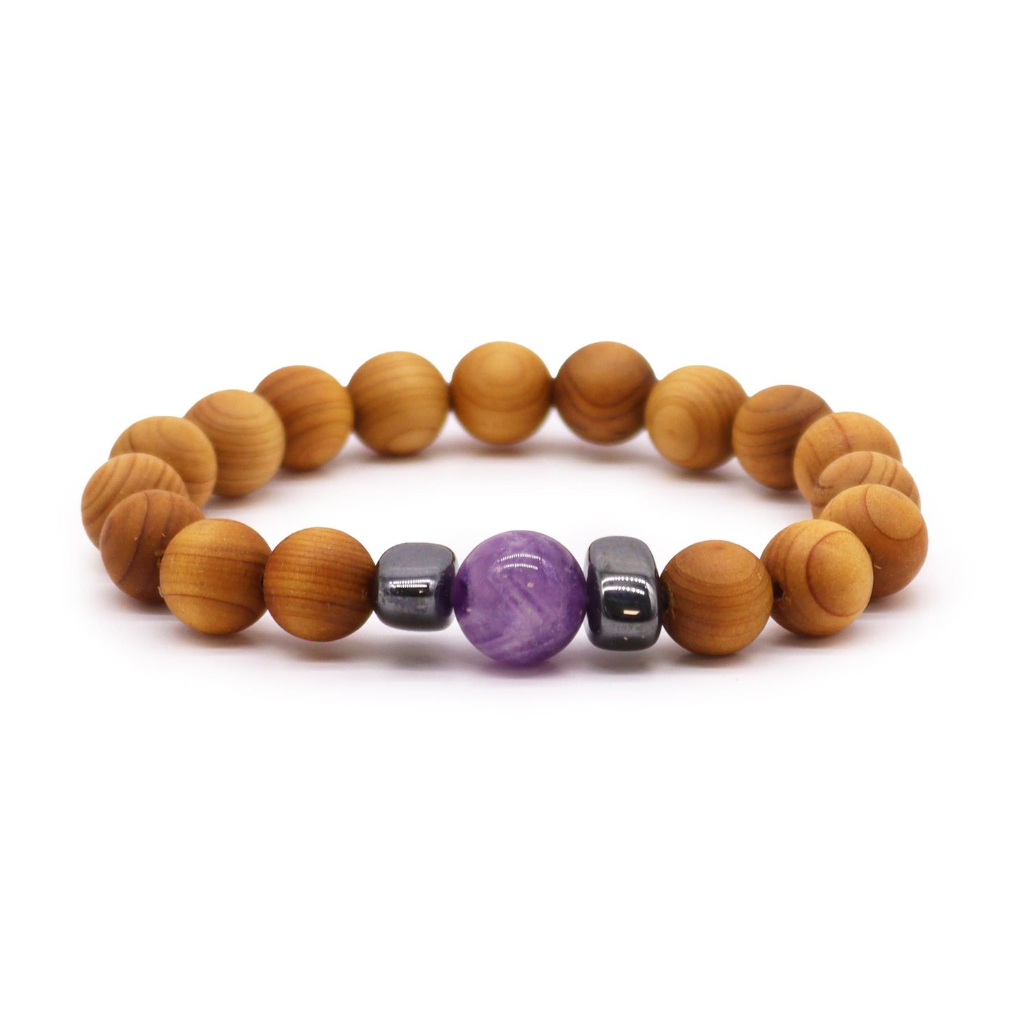 Bracciale in legno di cedro per il chakra del terzo occhio con ametista