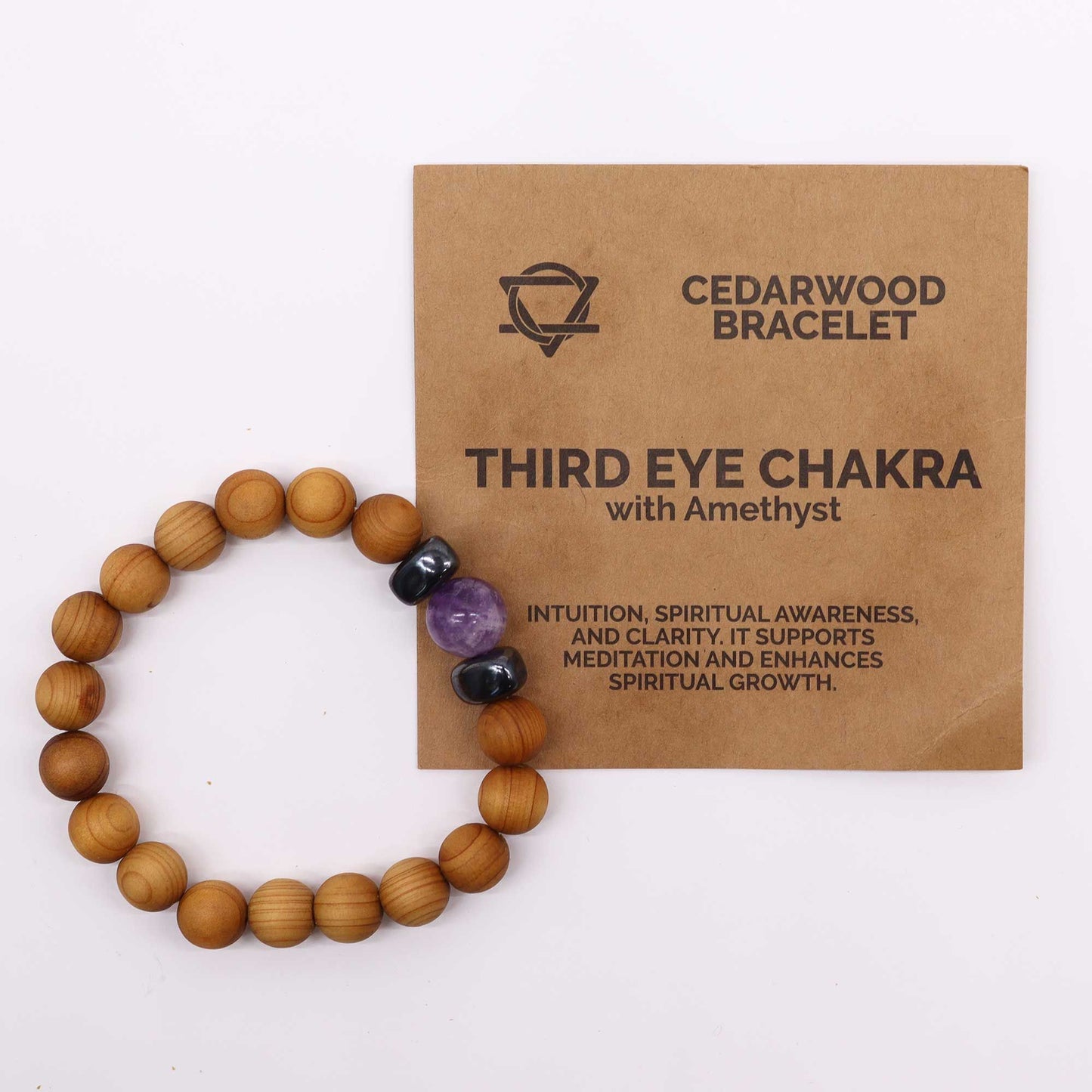 Bracciale in legno di cedro per il chakra del terzo occhio con ametista