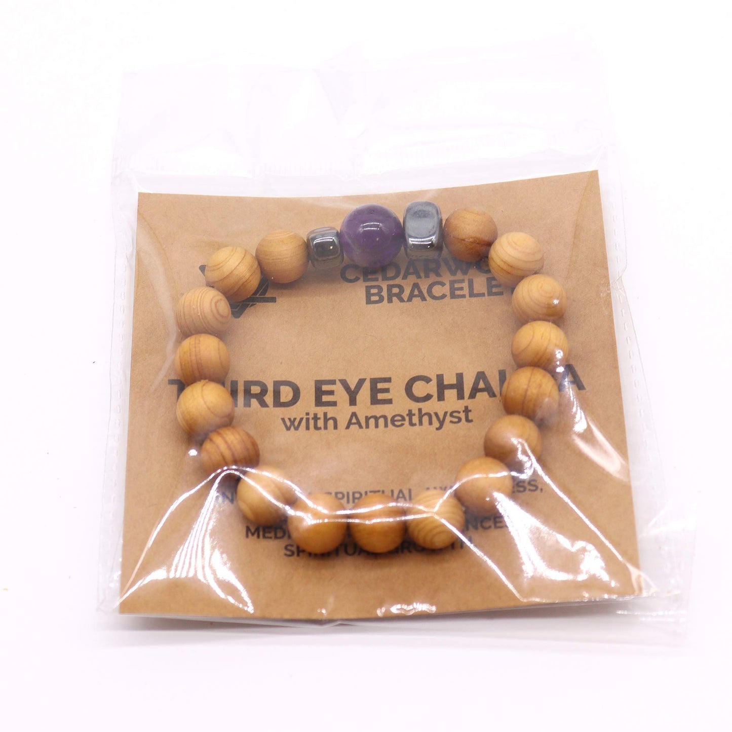 Bracciale in legno di cedro per il chakra del terzo occhio con ametista