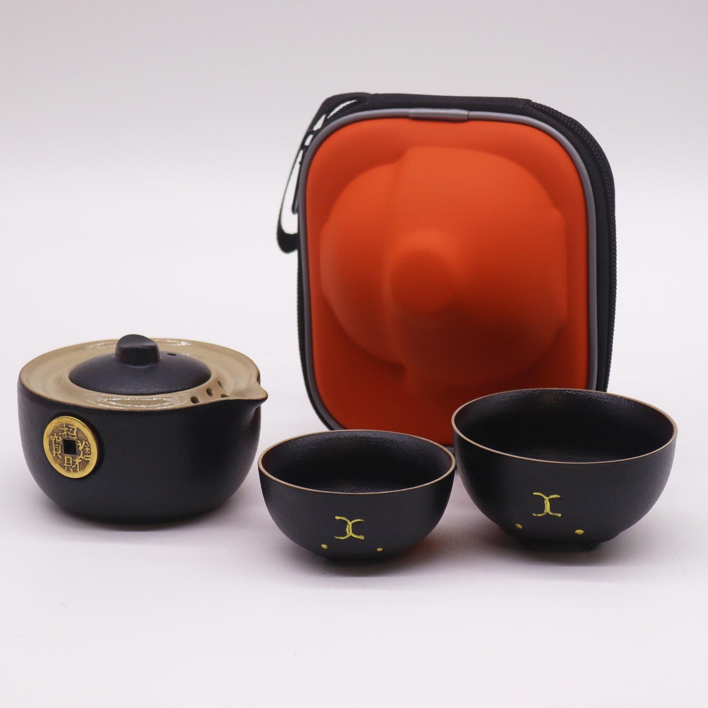 Set teiera Money Cat - Due tazze - Confezione da viaggio - Nero
