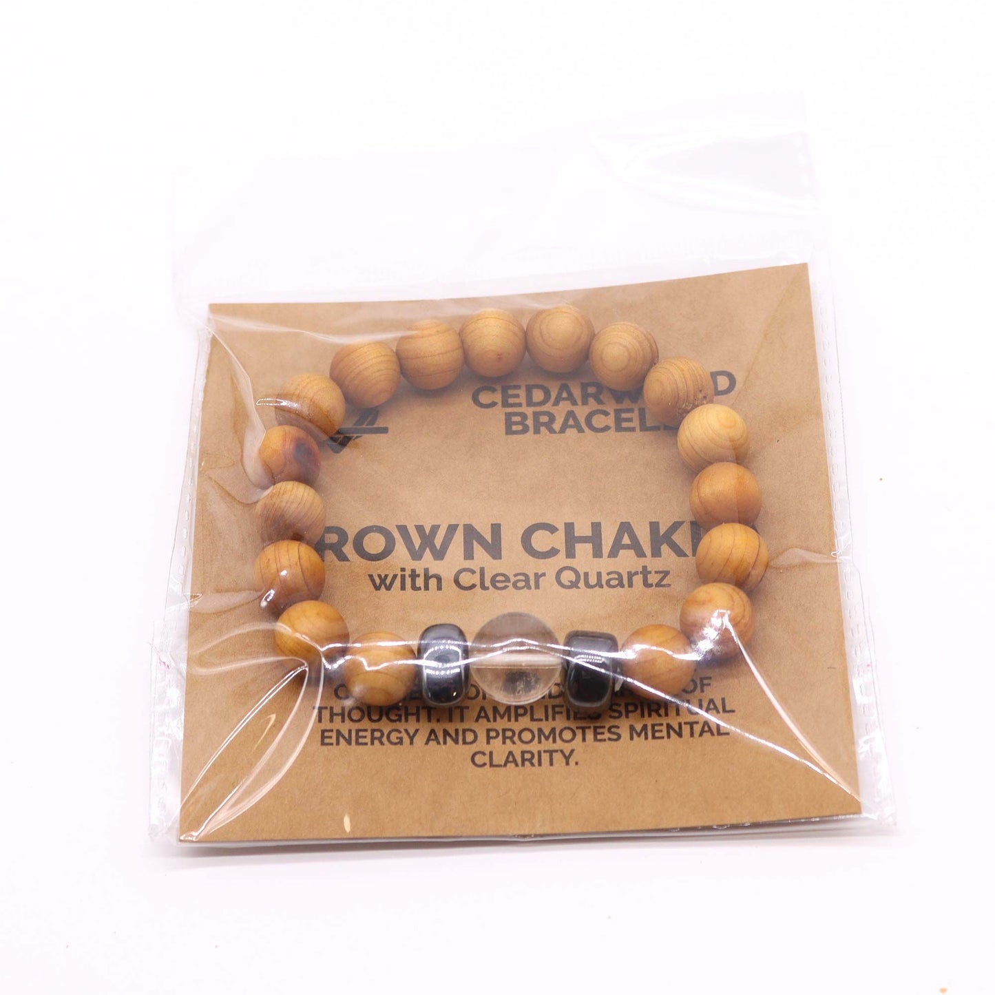 Bracciale in legno di cedro per il chakra della corona con cristallo (quarzo trasparente)