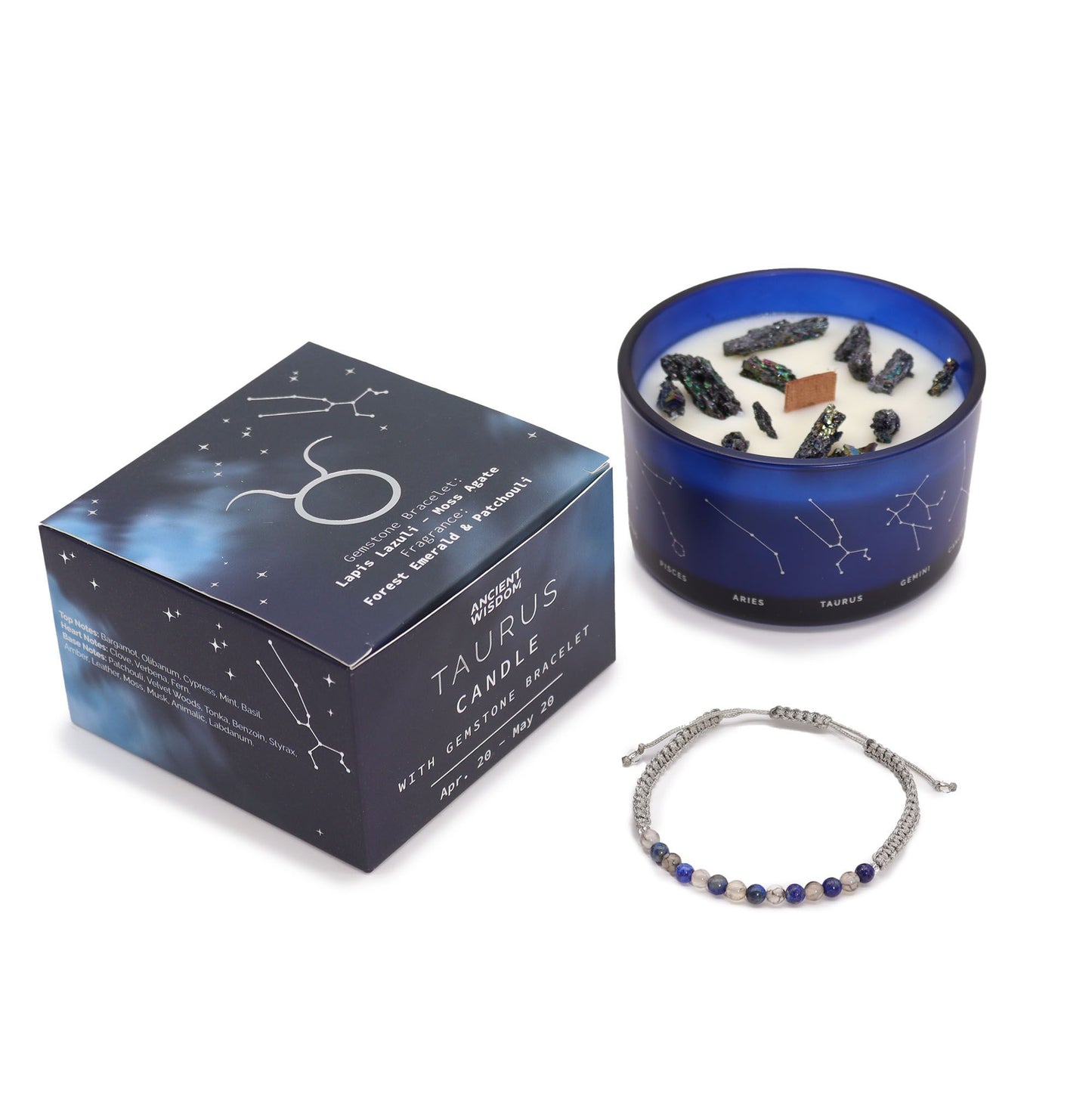 Candela di cristallo zodiacale con braccialetto di pietre preziose e lettura delle carte - Toro