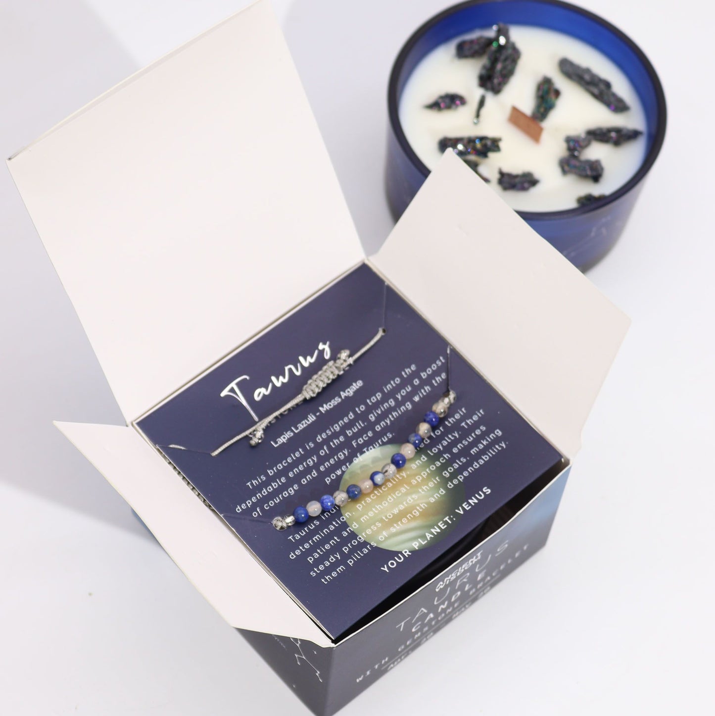 Candela di cristallo zodiacale con braccialetto di pietre preziose e lettura delle carte - Toro