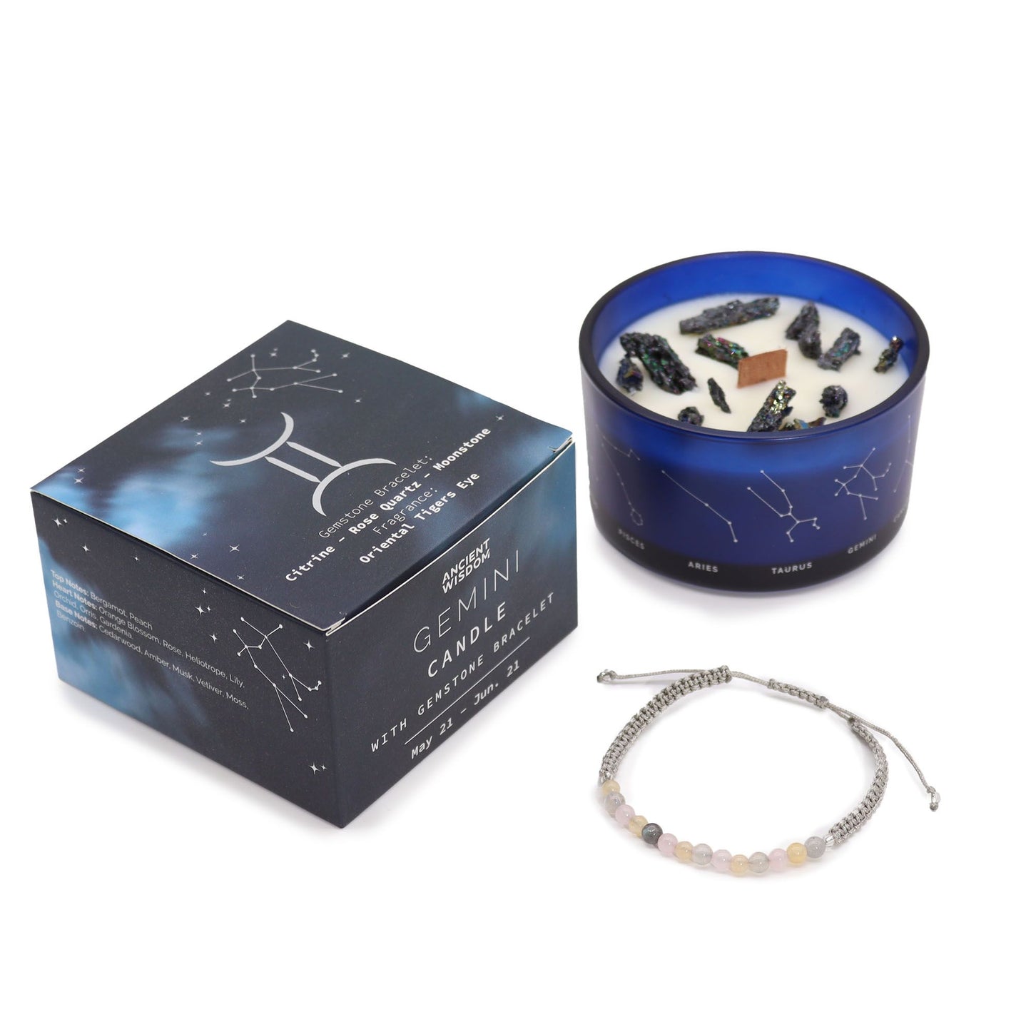 Candela di cristallo zodiacale con braccialetto di pietre preziose e lettura delle carte - Gemelli