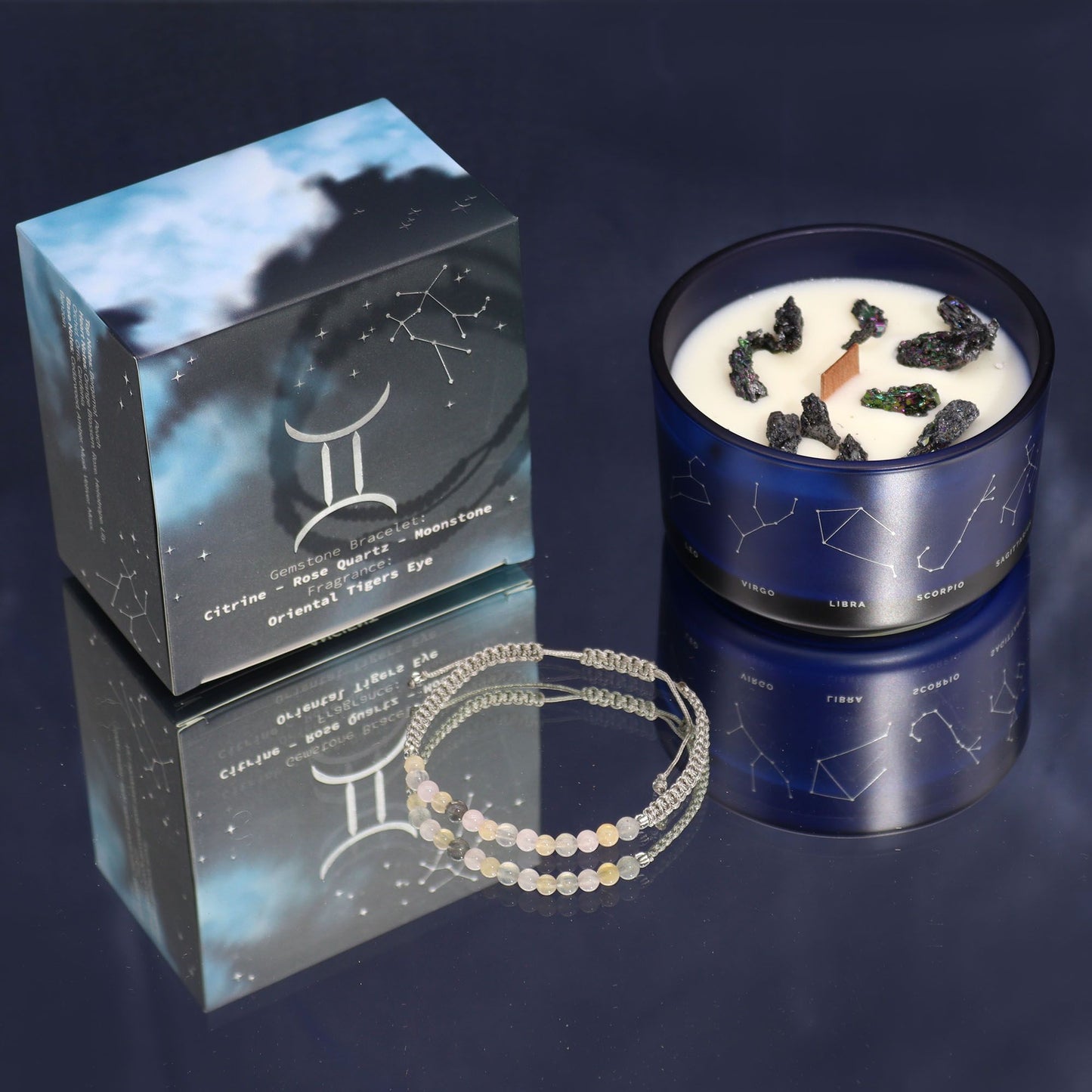 Candela di cristallo zodiacale con braccialetto di pietre preziose e lettura delle carte - Gemelli