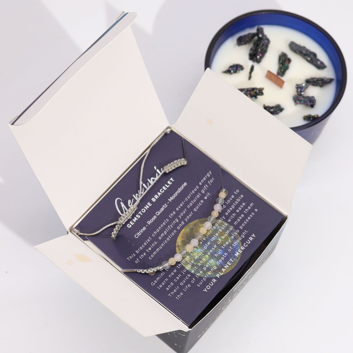 Candela di cristallo zodiacale con braccialetto di pietre preziose e lettura delle carte - Gemelli
