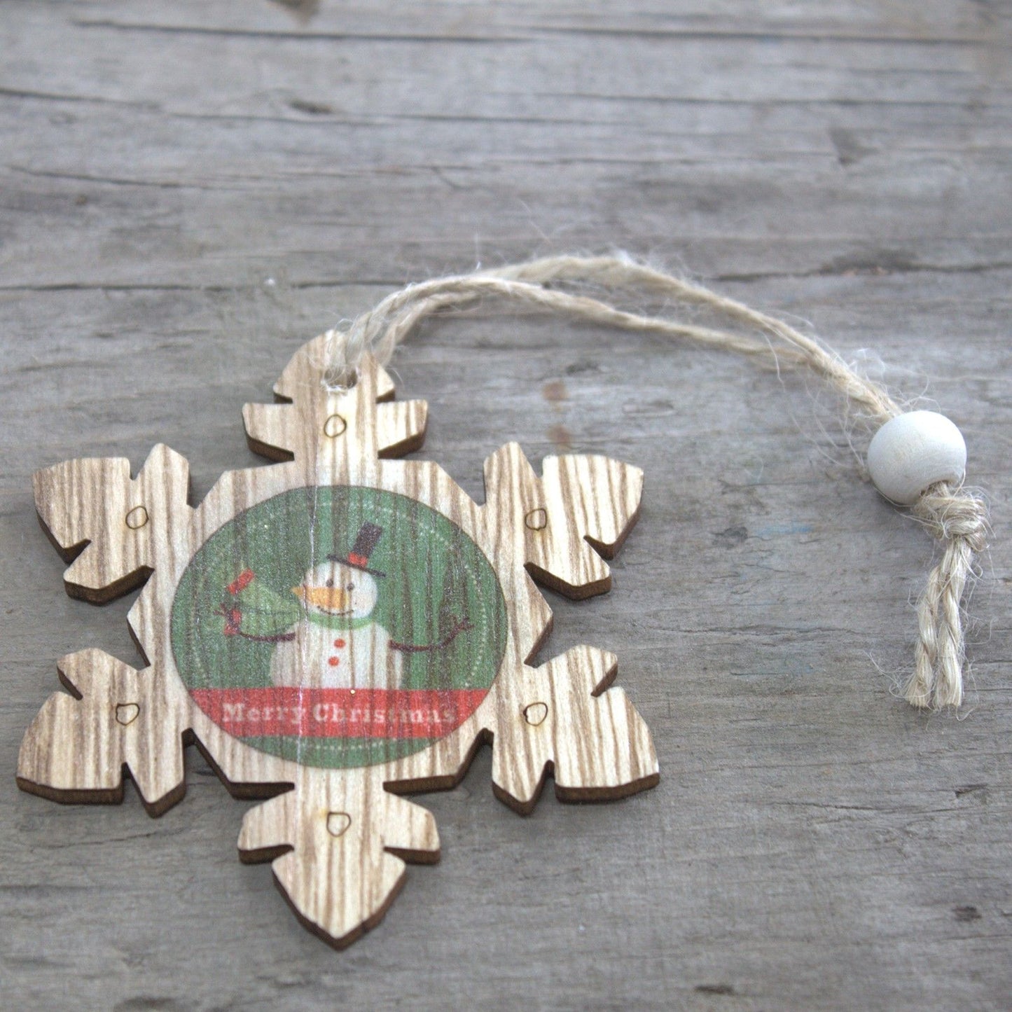 Confezione da 2 decorazioni natalizie in legno: fiocco di neve e pupazzo di neve 