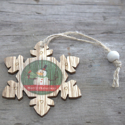 Confezione da 2 decorazioni natalizie in legno: fiocco di neve e pupazzo di neve 