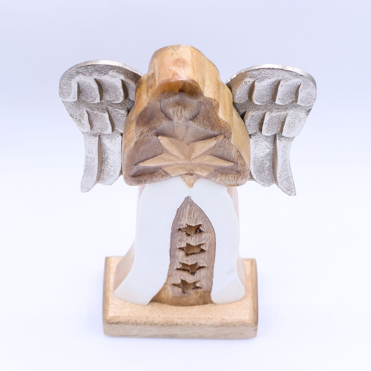 Grande stella d'angelo in legno di mango con ali in metallo e dettagli in smalto - 30 cm