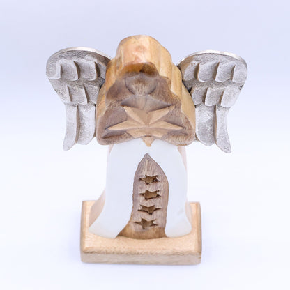 Grande stella d'angelo in legno di mango con ali in metallo e dettagli in smalto - 30 cm