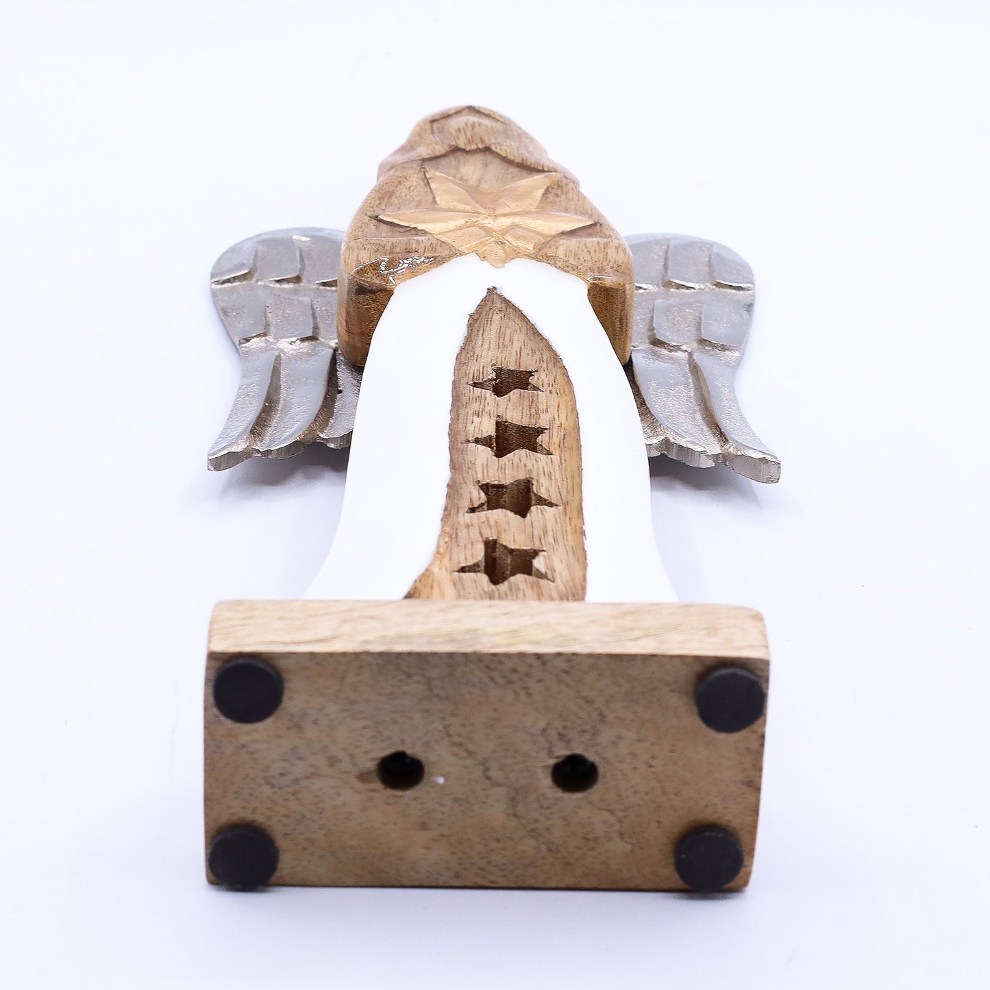 Grande stella d'angelo in legno di mango con ali in metallo e dettagli in smalto - 30 cm