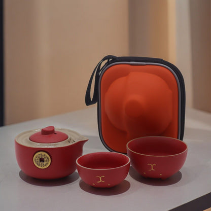 Set teiera Money Cat - Due tazze - Confezione da viaggio - Rosso