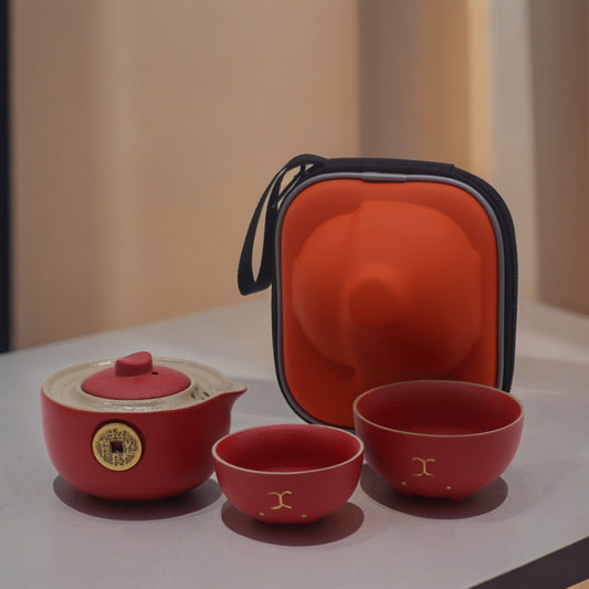 Set teiera Money Cat - Due tazze - Confezione da viaggio - Rosso