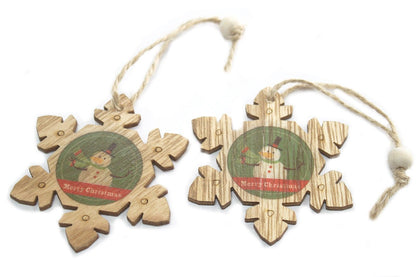 Confezione da 2 decorazioni natalizie in legno: fiocco di neve e pupazzo di neve 