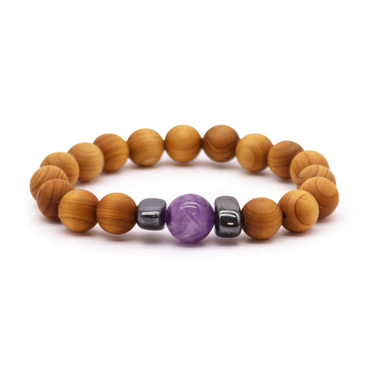 Bracciale in legno di cedro per il chakra del terzo occhio con ametista