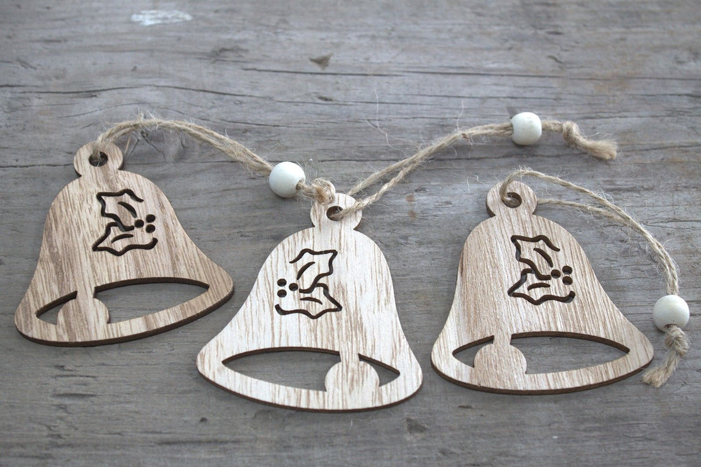 Confezione da 3 decorazioni natalizie in legno – Campana 