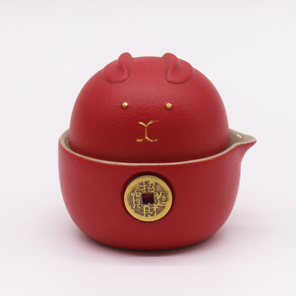 Set teiera Money Cat - Due tazze - Confezione da viaggio - Rosso