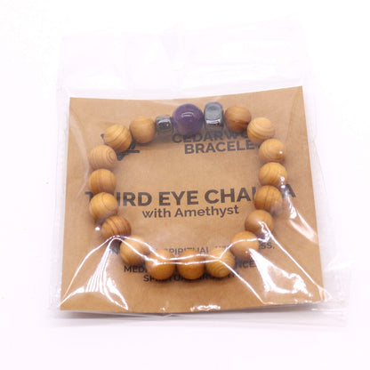 Bracciale in legno di cedro per il chakra del terzo occhio con ametista
