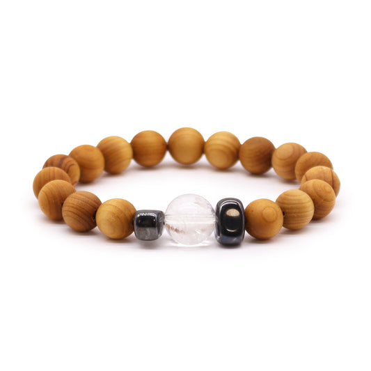 Bracciale in legno di cedro per il chakra della corona con cristallo (quarzo trasparente)