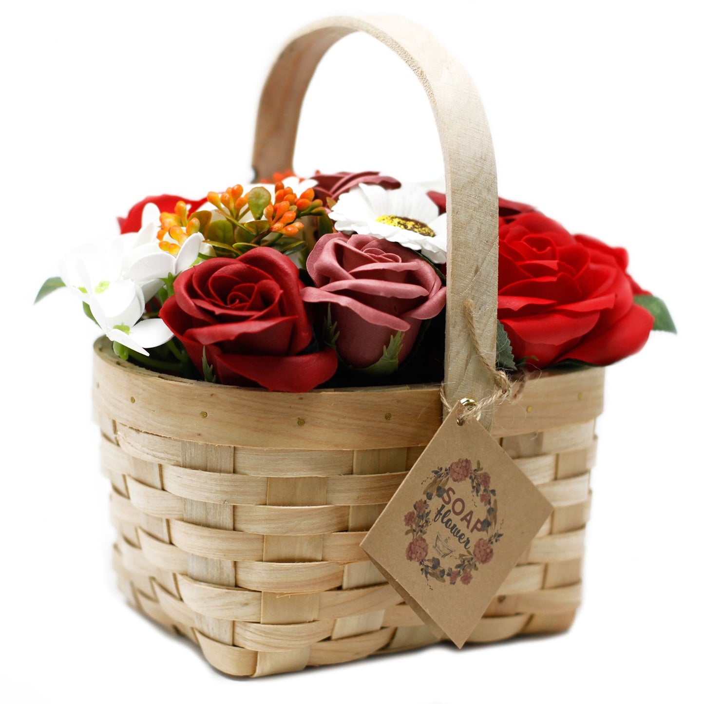 Grande bouquet rosso in cesto di vimini