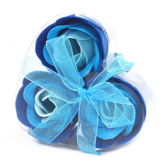 Set di 3 scatole a forma di cuore con fiori di sapone - Rose nuziali blu